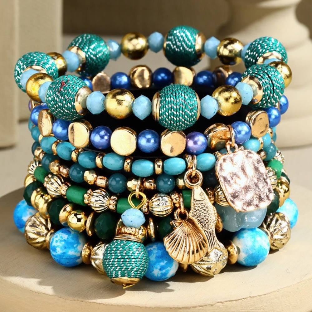 Glamorous Gold & Aqua Multi Textured Layered Beaded Bracelet Set w Golden Charms